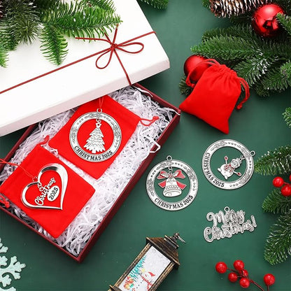 Zhengmy 8 Pieces Christmas Ornaments 2025 Solid Pewter Christmas Tree Ornament Metal Gnomes Santa Angel Snowman Hanging Craft Xmas Gifts with Red Bags(Novelty)
