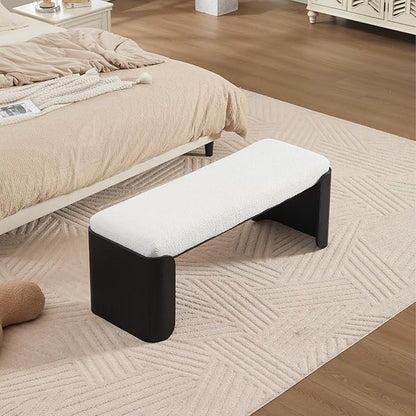 DUOMAY Modern Sherpa Bedroom Bench, 49" Wide Long Entryway Bench with Solid Wood Legs Upholstered Dining Bench Ottoman for Living Room Indoor, White