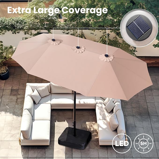 PHI VILLA 15ft Large Patio Umbrella with Base & Solar Lights, Double-Sided Outdoor Rectangle Umbrellas with 36 LED Lights, Umbrella for Outside with Stand, Beige