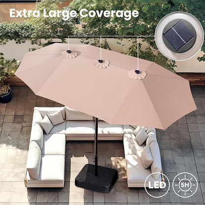 PHI VILLA 15ft Large Patio Umbrella with Base & Solar Lights, Double-Sided Outdoor Rectangle Umbrellas with 36 LED Lights, Umbrella for Outside with Stand, Beige