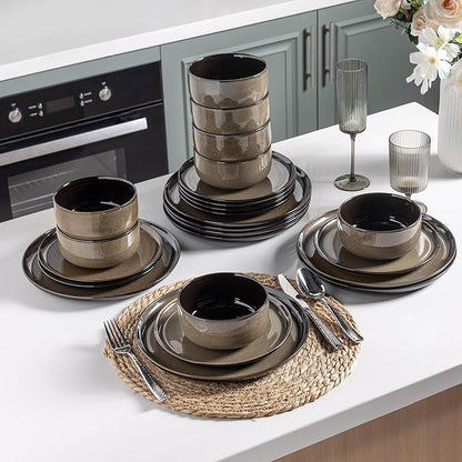 LeRATIO Ceramic Dinnerware Set of 4, Poreclain Plates, Bowls, Handmade Reactive Glaze Dishes, Chip Resistant, Oven & Dishwasher Safe, Service for 4-Espresso Brown