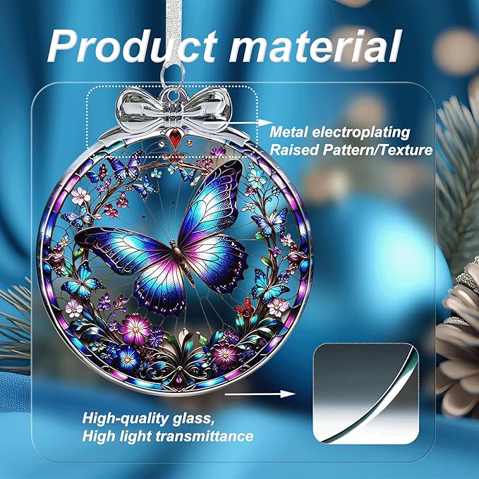 Butterfly Christmas Ornament Stained Glass Butterfly Decorations - Hanging Ornaments for Christmas Tree Xmas Decorations, Holiday Keepsake Present Exchange Ideas