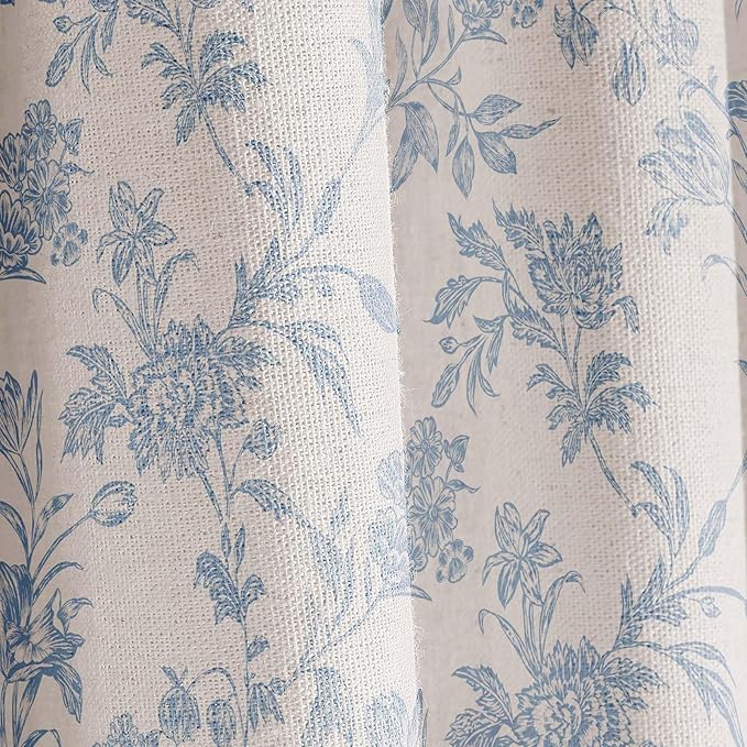 Extra Long Blue Shower Curtain Floral Cotton Linen Cottagecore Shower Curtain for Bathroom 90" L x 72" W