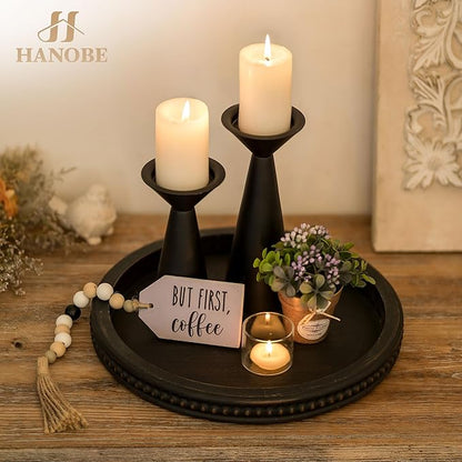 Hanobe Decorative Tray: Modern Farmhouse Beaded Round Tray Decor Rich Dark Brown Circle Wooden Ottoman Serving Platter for Centerpieces Kitchen Counter Bathroom