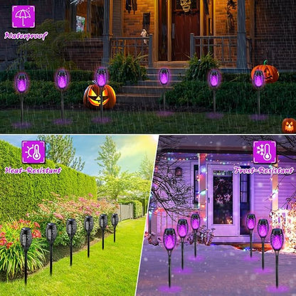 IkeeRuic Halloween Decorations Outdoor, Purple Halloween Solar Lights with Flickering Flame, Solar Torch Lights for Yard Decorations, Waterproof Outdoor Lighting for Garden Pathway Patio Outside Decor