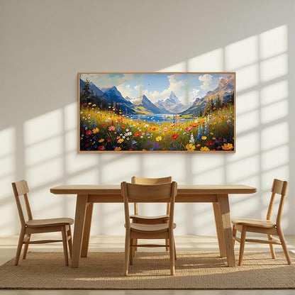 HOURIA Colorful Wildflower Mountain Framed Canvas Wall Art Set,Blue Sky Lake Green Tree Grass Wall Decor,Nature Flower Artwork,Field Scenery Art Prints for Living Room,Bedroom,Farmhouse- 20"×40"×1