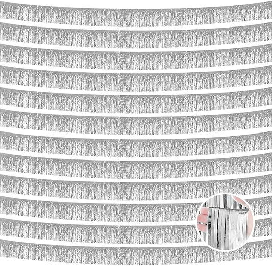 12 Pack 10 Feet Metallic Foil Fringe Garland Tinsel Streamers Banner, Silver Wall Hanging Tinsel Fringe Banners for Parade Floats, Wedding, Birthday, Christmas, New Year Party Decorations