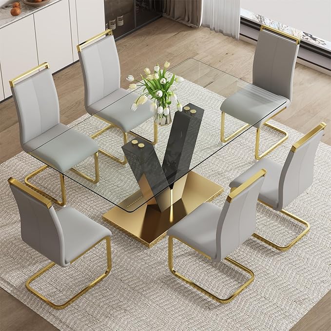 71" Glass Dining Table Set for 6, Dining Table Set 6, Modern Kitchen Table and 6 PU Chairs, Tempered Glass Top and MDF Base, Dining Room Table Set for 6