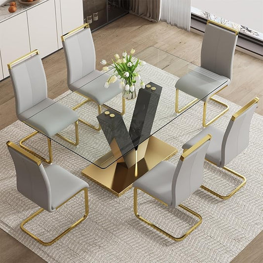 71" Glass Dining Table Set for 6, Dining Table Set 6, Modern Kitchen Table and 6 PU Chairs, Tempered Glass Top and MDF Base, Dining Room Table Set for 6