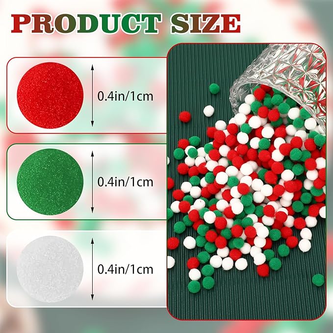 SEPGLITTER Christmas Pom Poms Balls, 1000 Pieces Red Green White Pompoms Pom Poms for Crafts Making DIY Holiday Christmas Decorations Supplies (3 Colors,1 cm )
