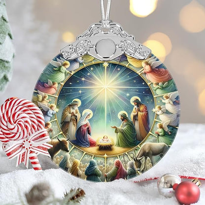 Nativity Christmas Ornament, 3" Stained Glass Christmas Decor, Nativity Ornaments for Christmas Tree, Christian Gifts for Kids, Religious Gifts for Women, Perfect for Holiday Party, Window, Tree