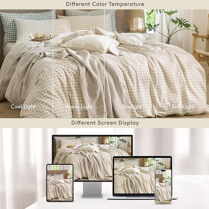 MooMee Gingham Duvet Cover Set 100% Washed Cotton Linen Like Textured Breathable Durable Soft Comfy Modern Checkered Design (Almond Milk Grey Gingham, Super King 108"x98")