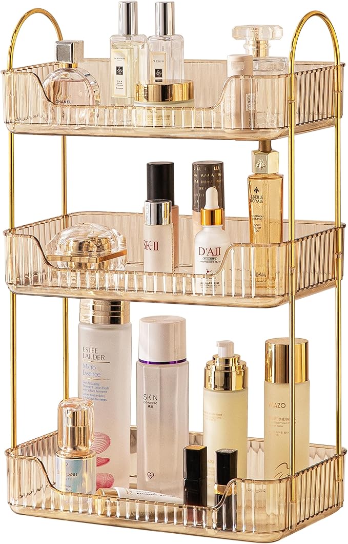 3 Tier Bathroom Organizer Countertop Makeup Perfume Skincare Organizer for Bathroom Dresser Vanity (Gold)