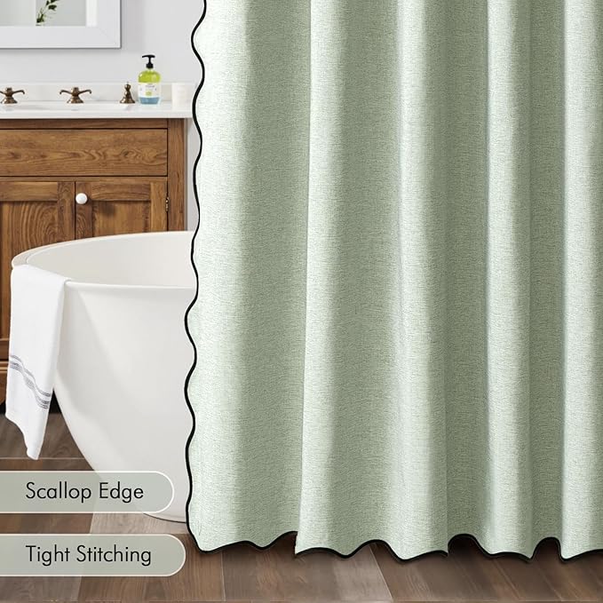 MIULEE Sage Green Scalloped Shower Curtain Linen Textured with 12 Metal Hooks Cute Heavy Duty Washable Waterproof Thick Cloth Spring Curtains with Black Border for Bathroom Hotel Bathtub,W72*L72