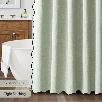 MIULEE Sage Green Scalloped Shower Curtain Linen Textured with 12 Metal Hooks Cute Heavy Duty Washable Waterproof Thick Cloth Spring Curtains with Black Border for Bathroom Hotel Bathtub,W72*L72