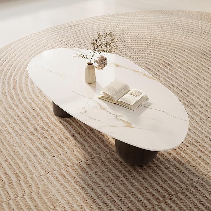 Modern Oval Coffee Table for Living Room, 54" Sintered Stone Cloud Coffee Tabletop with 3 Metal Legs, Minimalist Living Room Table Tea Table Center Table for Home Office