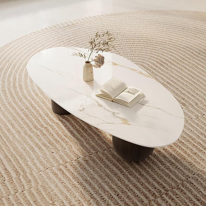 Modern Oval Coffee Table for Living Room, 54" Sintered Stone Cloud Coffee Tabletop with 3 Metal Legs, Minimalist Living Room Table Tea Table Center Table for Home Office