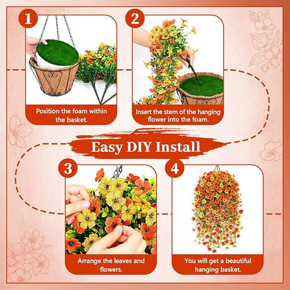 Yastouay 2 Pack Artificial Fall Hanging for Outdoors, Fake Hanging Plants Artificial Decor, Silk Orange Fake Mums Fall Flowers Artificial for Decoration Porch Front Door Yard Fall Decor