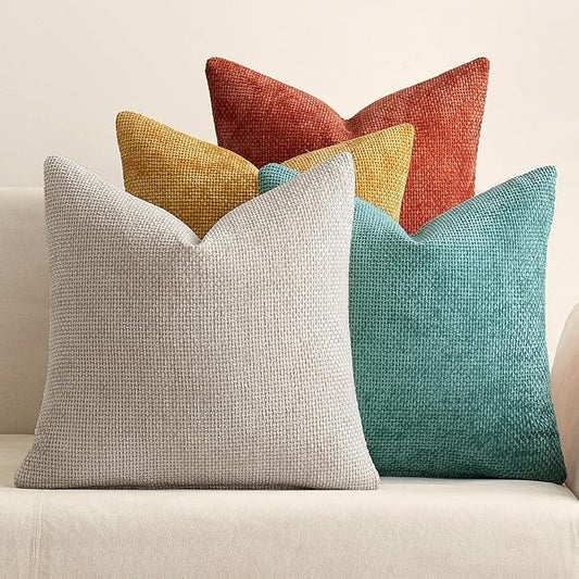 MIULEE Pack of 4 Throw Pillow Covers 16x16 Inch Neutral Orange/Teal Soft Decorative Chenille Pillow Covers Farmhouse Accent Cushion Covers for Boho Home Decor Spring Bedroom Living Room