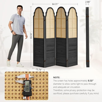 4 Panel Wood Room Divider, Folding Privacy Screen, Rattan Room Divider Wall, Foldable Wood Divider Wall, Portable Partition Screen Room Deco Divider for Room Separation Bedroom Garden (Black)