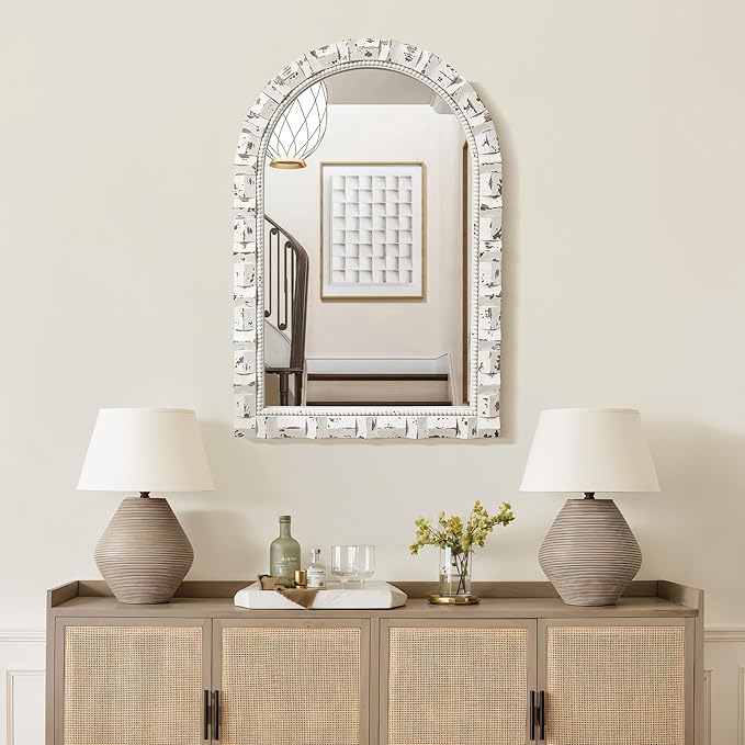 LuxenHome Distressed Arched Wall Mirror for Bathroom, 24"x36" Large Wood Framed Wall Mounted Decorative Vanity Mirror for Living Room Bedroom Decor, Hanging Sculptures Accent for Entryway Home Decor