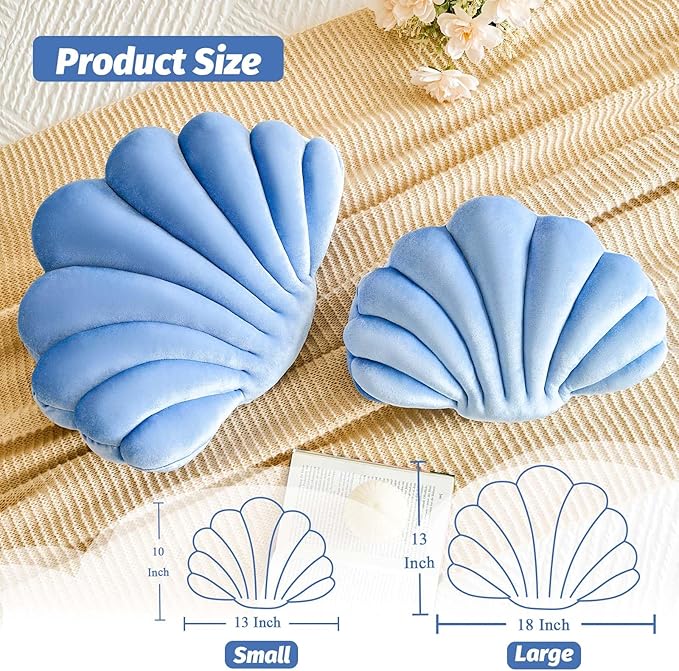 Dusty Blue Seashell Throw Pillows, Shell Shaped Throw Pillows, 13 Inch Soft Velvet Home Decorative Pillow Plush Cushion for Bed Couch Living Room Decor Accent Throw Pillow