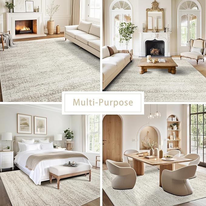 Washable Rugs 9x12 Area Rugs for Living Room,Rugs for Bedroom, Large Carpets,Ultra Soft Faux Wool Retro Dining Room Rug,Non Slip&Non-Shedding Low Pile Vintage Print Rug Indoor for Home Office