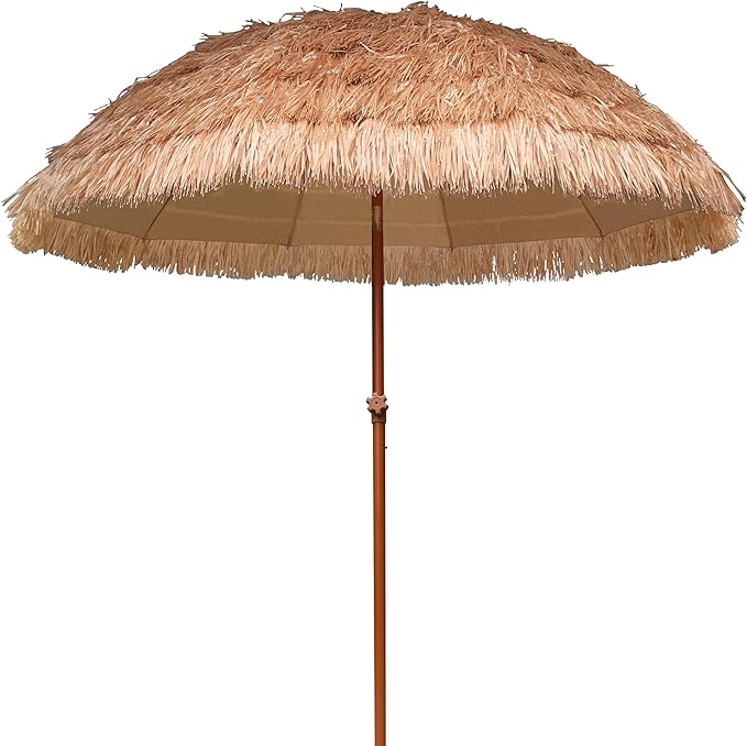 AMMSUN 7.5ft Hula Thatched Tiki Patio Beach Umbrella Hawaiian Style 10 Ribs UPF 50+ with Tilt Carry Bag for Outdoor Tiki Bar, Tropical Palapa, Patio Garden Beach Pool Backyard Natural Color