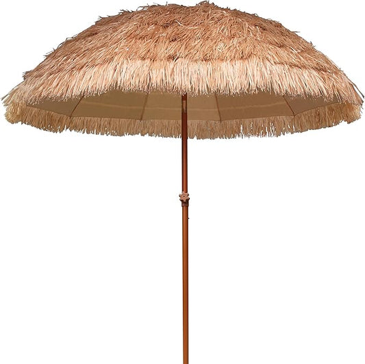 AMMSUN 7.5ft Hula Thatched Tiki Patio Beach Umbrella Hawaiian Style 10 Ribs UPF 50+ with Tilt Carry Bag for Outdoor Tiki Bar, Tropical Palapa, Patio Garden Beach Pool Backyard Natural Color