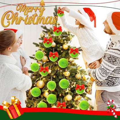 Jenaai 12 Pcs Lime Green Ball Christmas Ornaments for Xmas Tree 2 Size Christmas Hanging Decorations Soft Furry Pom Pom Balls with Red Bow for Xmas Tree Hanging Decor Party Supplies
