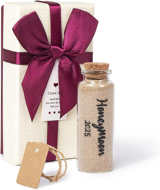 Honeymoon Sand Keepsake Jar 2025，Bridal Shower, Wedding, Engagement, Honeymoon, Travel Gift for Couples, Newlywed, Fiance(Gift Box Includes) - 40ml Cylindrical Shape Glass