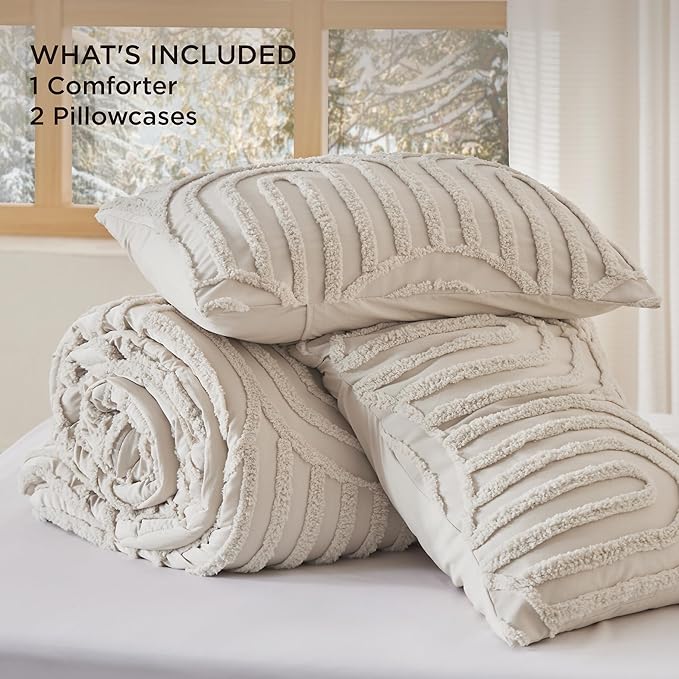 Bedsure Boho Tufted King Comforter Set - Beige Boho Bedding Comforter Sets, 3 Pieces Farmhouse Shabby Chic Embroidery Bed Set, Soft Fluffy Cozy Arch Pattern Comforter for All Seasons