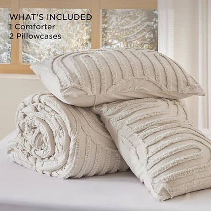 Bedsure Boho Tufted Queen Comforter Set - Beige Boho Bedding Comforter Sets, 3 Pieces Farmhouse Shabby Chic Embroidery Bed Set, Soft Fluffy Cozy Arch Pattern Comforter for All Seasons