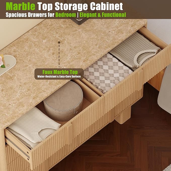 Fluted Dresser for Bedroom with 6 Drawers,47" Wide Modern Chest of Drawers with Wooden Handle, Wooden Dresser TV Stand, Wood Closet Clothes Storage Organizer for Living Room, Hallway, Light Oak