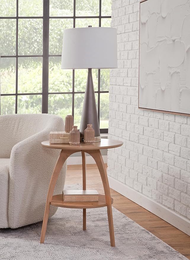 Martin Svensson Home LAX Retro Mid-Century Modern Round Wood End Table, Solid Grain Side Table with Lower Shelf, Small Accent Table for Living Room or Nightstand. Light Wood Blonde.