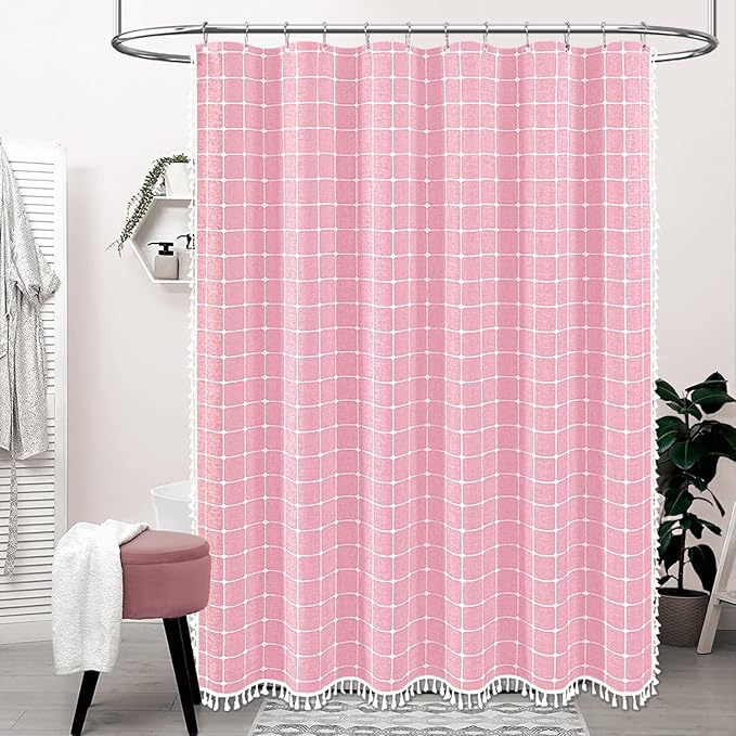 BTTN Extra Long Shower Curtain - 72x96 Inch Long Boho Chic Linen Fabric Heavy Duty Shower Curtain Set with Hooks, Tall Bohemian Farmhouse Shabby Chic Tassel Cloth Shower Curtains for Bathroom - Pink