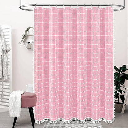 BTTN Extra Long Shower Curtain - 72x96 Inch Long Boho Chic Linen Fabric Heavy Duty Shower Curtain Set with Hooks, Tall Bohemian Farmhouse Shabby Chic Tassel Cloth Shower Curtains for Bathroom - Pink