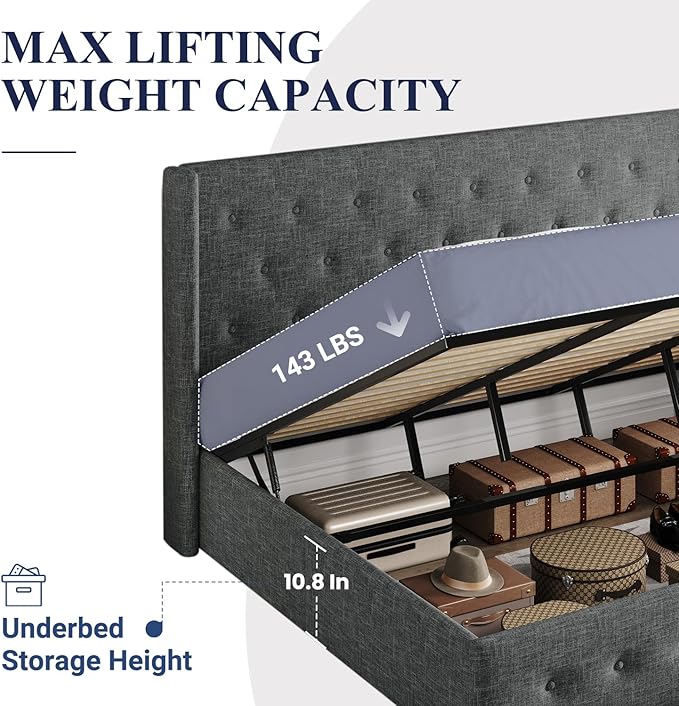 Allewie King Size Lift Up Storage Bed, Button Tufted Headboard with Wingback, Hydraulic Support, No Box Spring Needed, Dark Grey