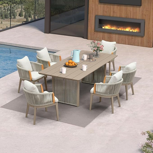 PURPLE LEAF Outdoor Dining Table Set of 7, Aluminum Outdoor Patio Table and Chairs Set with Olefin Cushions, Patio Furniture Set for Garden or Deck, Beige