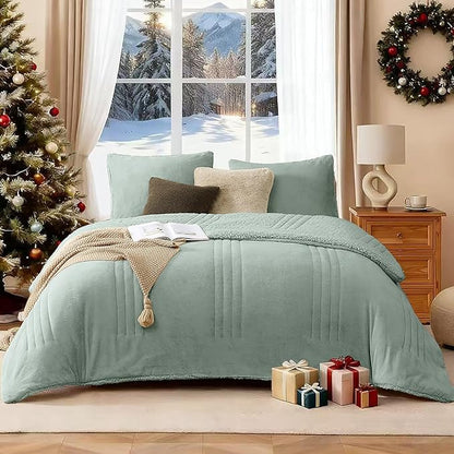 Monbix Fluffy Full Comforter Set Sage Green, Sherpa Plush Fuzzy Comforter 3 Piece for Full Size Bed, Luxury Soft Winter Warm Bedding Set