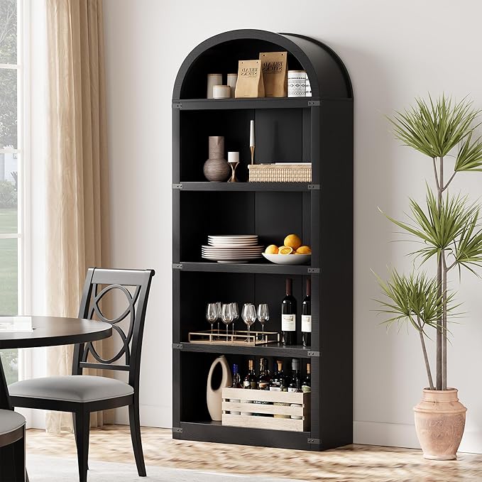 GarveeHome Bookcase 5 Shelf Arched Bookshelf 71.65 in Tall Bookcase Farmhouse Display Storage Rack Wooden Bookshelves for Home Office, Living Room