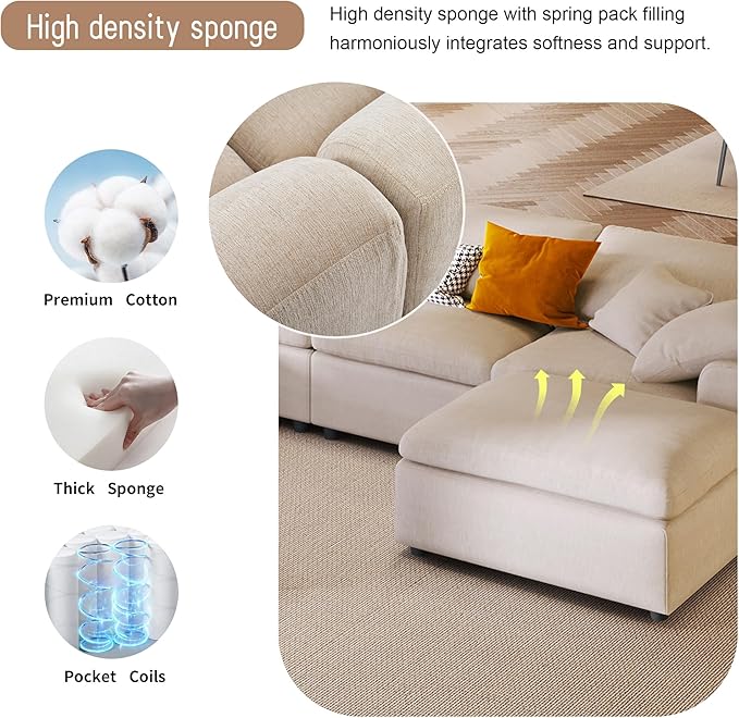 129" Large Modular Sectional Sofa L Shaped Modern Couch, Beige