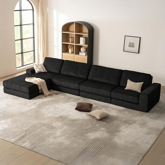 160.63‘’ Boneless Couch Cloud Modular Sectional Couches for Living Room, Oversize L-Shape Sofa with Deep Seat, Plush Corduroy 4-Seater with Ottoman, No Assembly Required