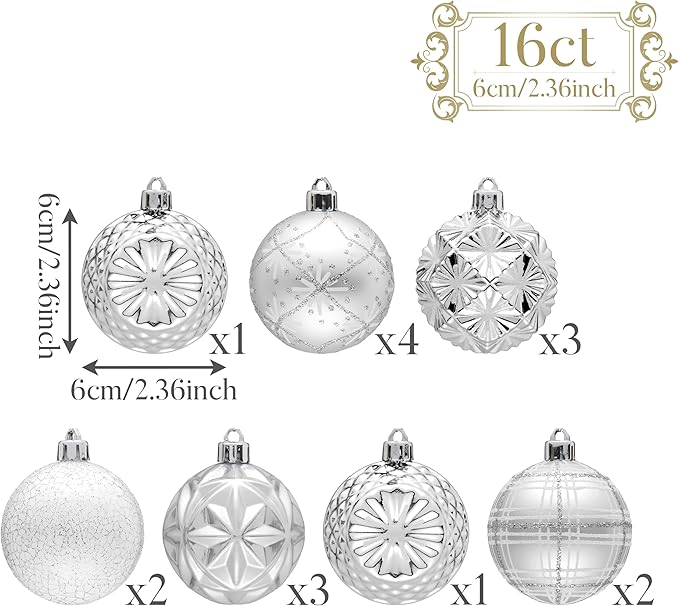 Valery Madelyn Ornaments for Christmas Trees, 16ct 2.36 Inches White and Silver Shatterproof Christmas Tree Decorations, Luxury Hanging Ball Ornaments for Xmas Holiday Party Decor