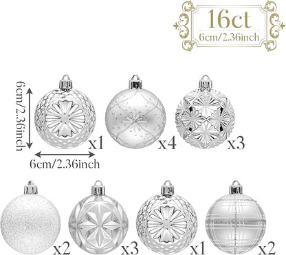 Valery Madelyn Ornaments for Christmas Trees, 16ct 2.36 Inches White and Silver Shatterproof Christmas Tree Decorations, Luxury Hanging Ball Ornaments for Xmas Holiday Party Decor