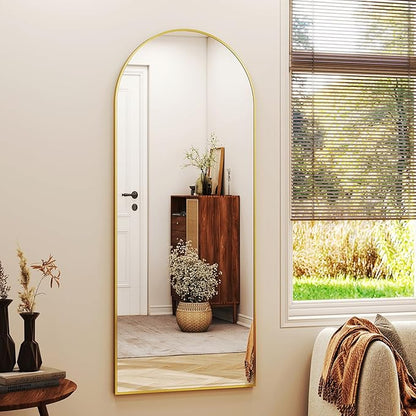 56" x21 Arched Full Length Mirror Floor Mirrors with Aluminum Alloy Frame Free-Standing Wall Mounted Floor Mirrors or Large Dressing Mirror, Gold Mirror Full Length
