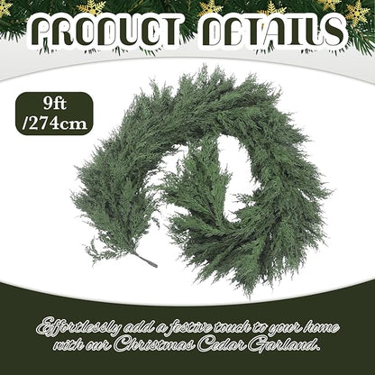 Dingion 1 Pcs 9 ft Christmas Cedar Garland - Thick & Lush, Soft Realistic Artificial Faux Cedar Cypress Pine Garland for Holiday Christmas Winter Home Table Mantel Wall Indoor Seasonal Decoration