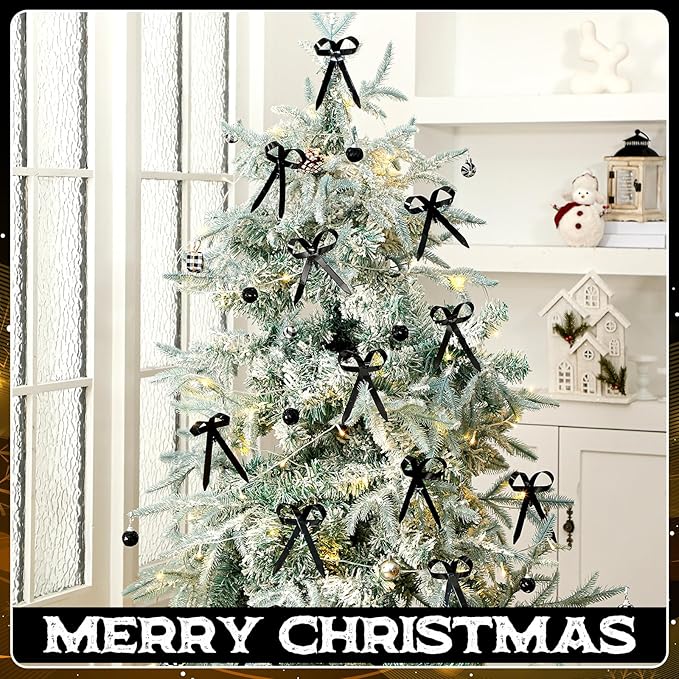 12 Pcs 2025 Metal Christmas Bow Ornaments for Christmas Tree Garland Wreath Bulk Bow with Clip Ornament Vintage Indoor Outdoor Home Xmas Party Decorations, 4 x 5 Inches (Black)