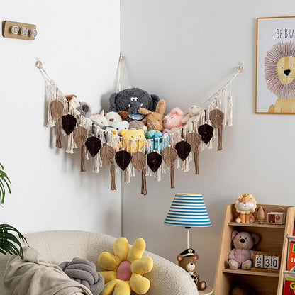 Pretty Jolly Stuffed Animal Storage with Hand Woven Leaf Tassels Hammock Corner Hanging Net Boho Macrame Plush Storage for Kid Room Nursery Decor Wall Display for Girls Gift(Brown)