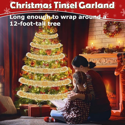 Lush Christmas Tinsel Garland, Gold & White Radiant Metallic Twist Streamers for Holiday Decor, Plush & Full Xmas Tree Garland for an Elegant Festive Atmosphere, Indoor & Outdoor Party Supplies